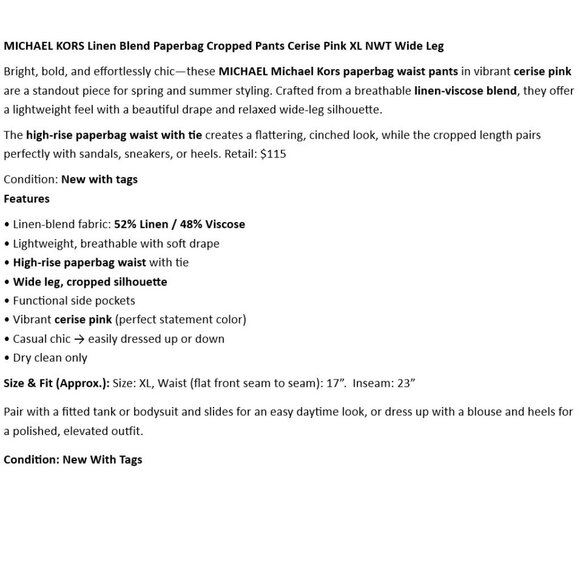 MICHAEL KORS Linen Blend Paperbag Cropped Pants Cerise Pink XL NWT Wide Leg - Picture 2 of 8